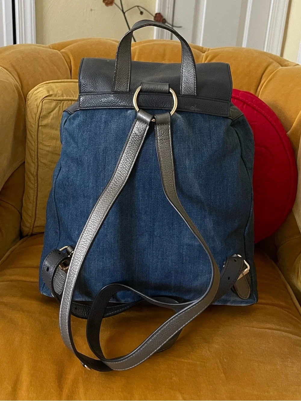 COACH Billie Blue Denim Leather Turnlock Drawstring Backpack F25883